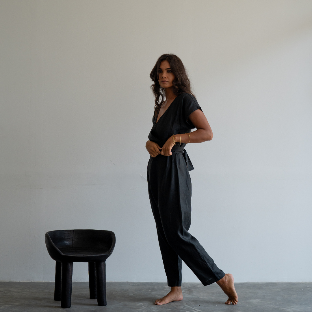 AD Short Sleeve - Black Linen Jumpsuit