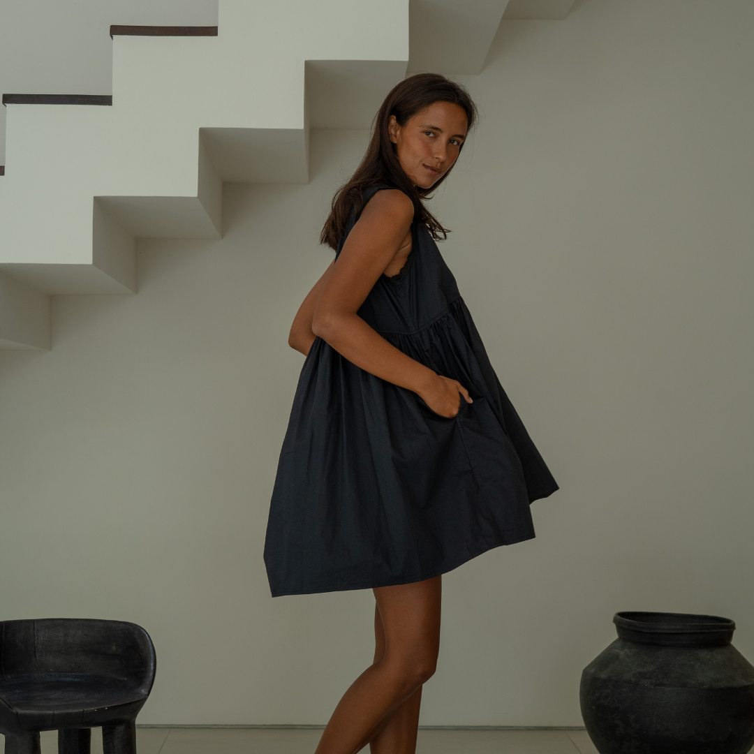 ELODIE - BLACK Lace Trimmed Poplin Mini Dress ELODIE - BLACK Lace Trimmed Poplin Mini Dress