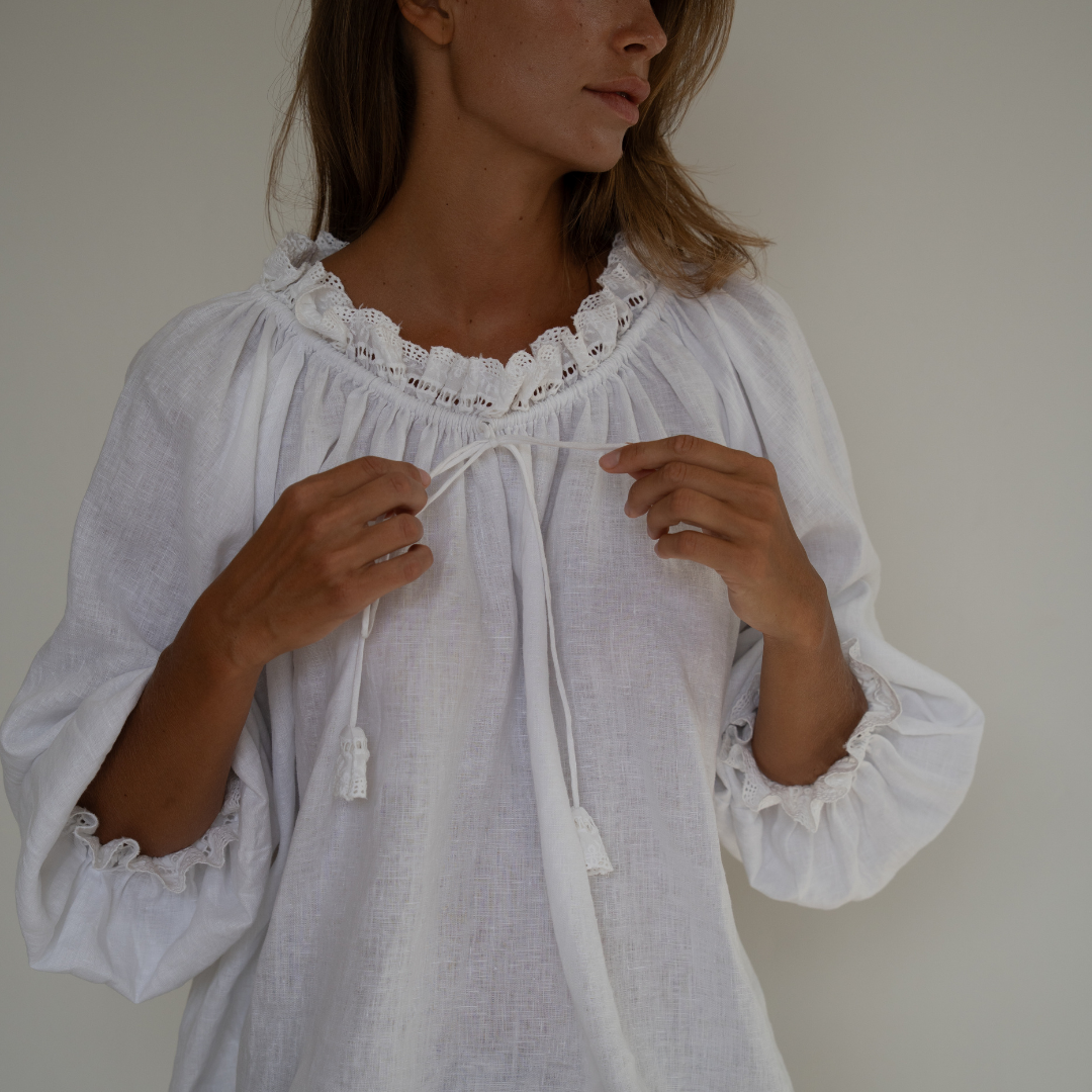 ESME - WHITE Linen &amp; Lace Blouse