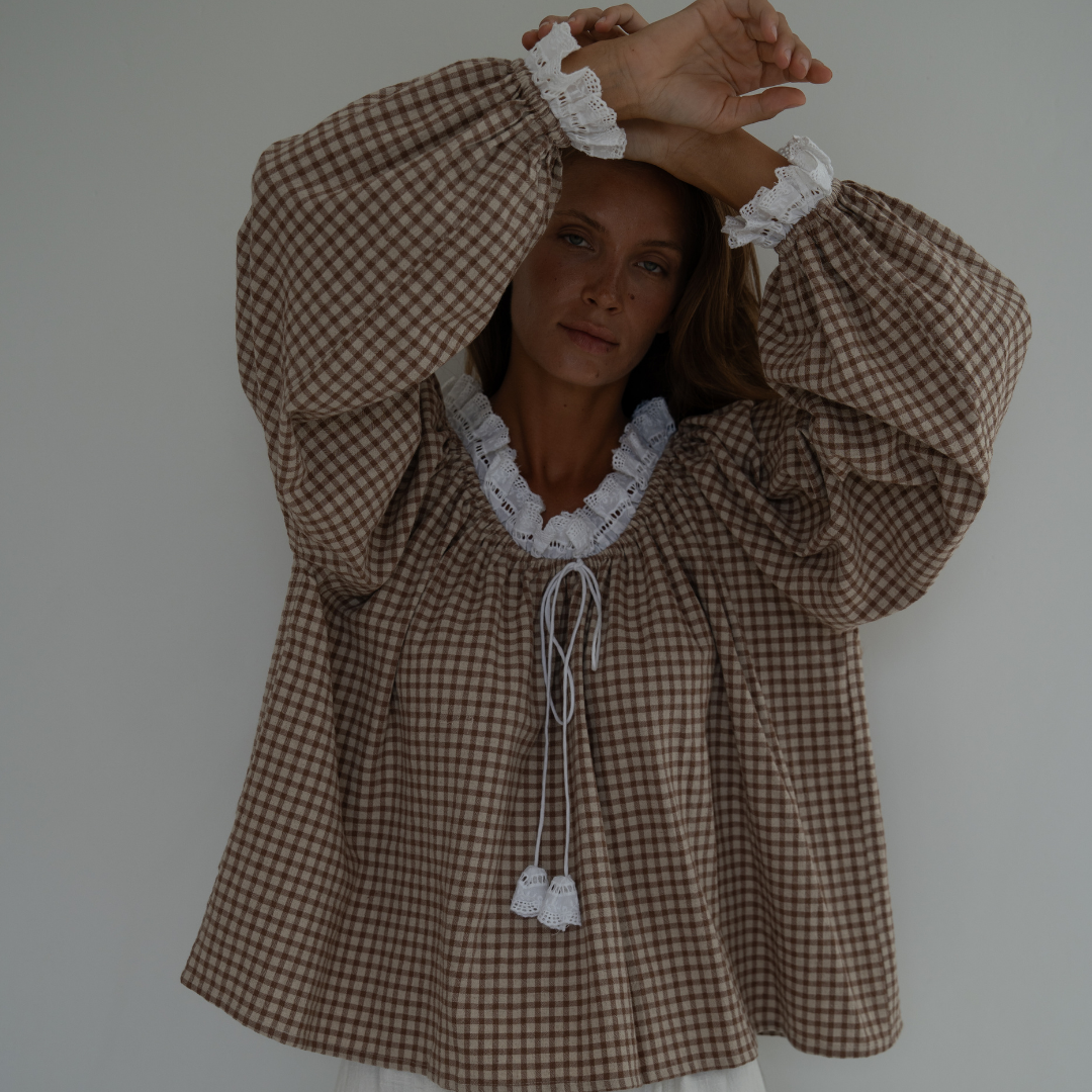 ESME - CINNAMON Gingham &amp; Lace Blouse