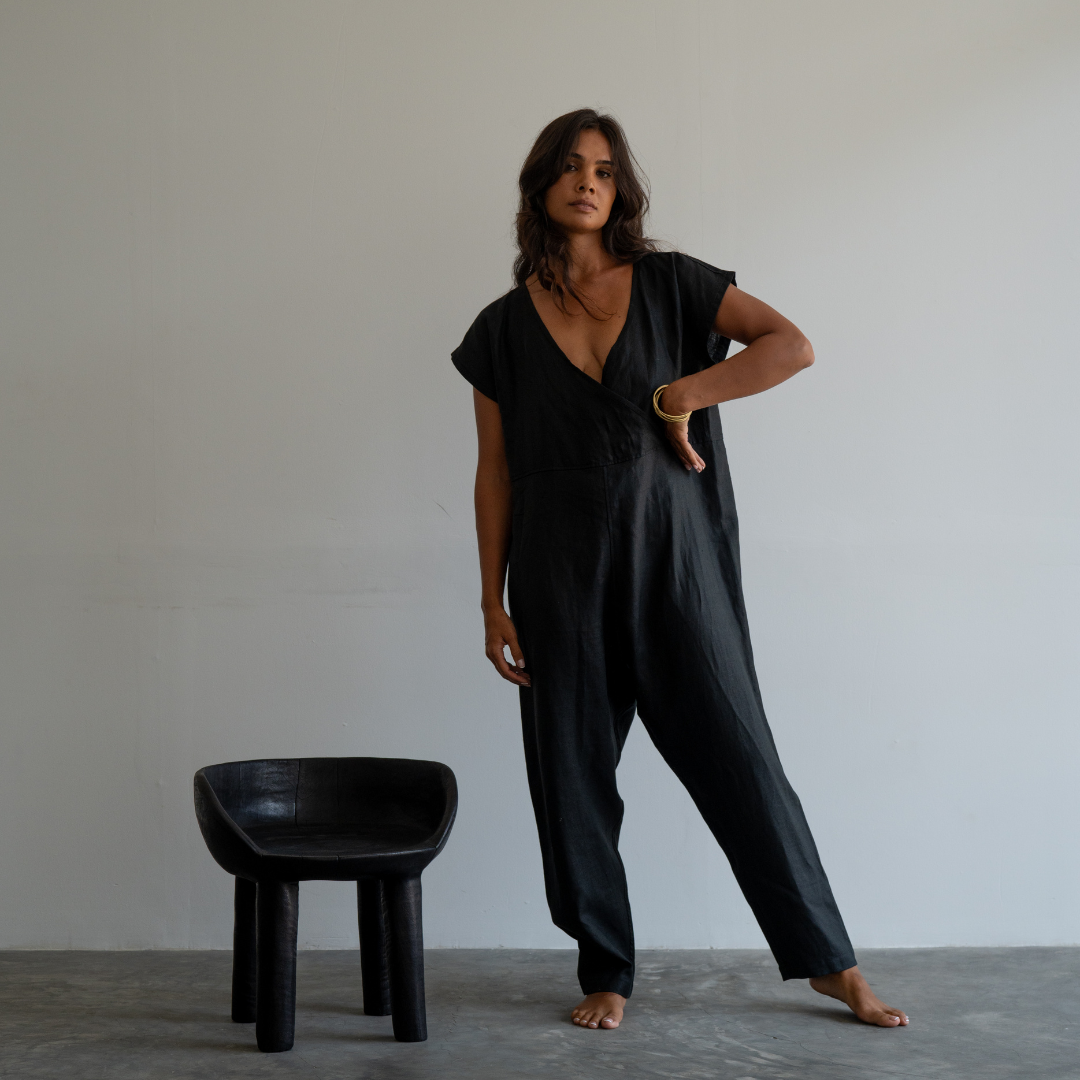 AD Short Sleeve - Black Linen Jumpsuit