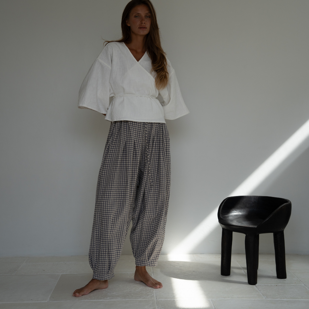 PRE-ORDER MARLO PLEAT - WISTERIA GINGHAM Linen Pant