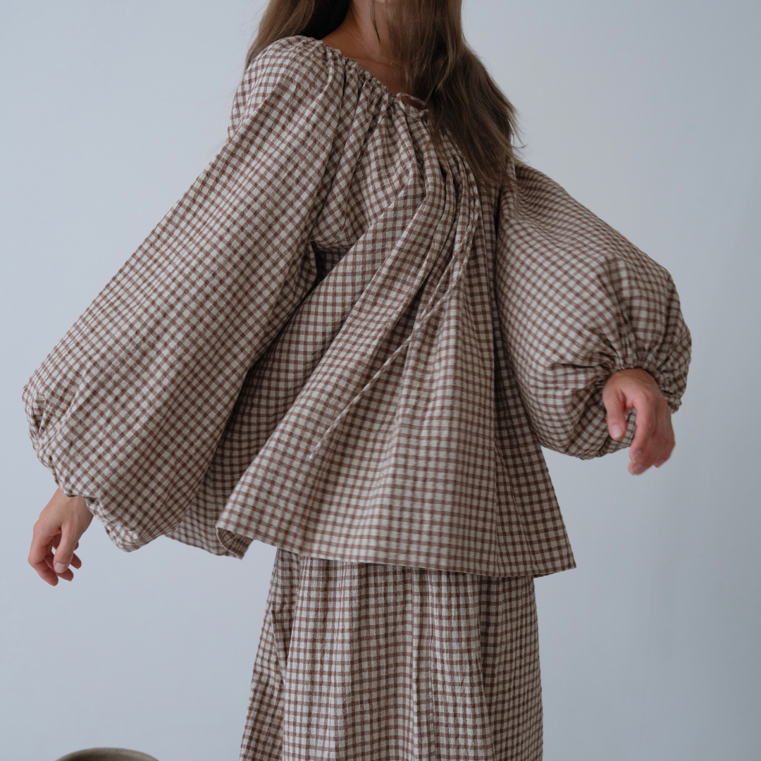 JOSIE - CINNAMON Linen Gingham Voluminous Blouse