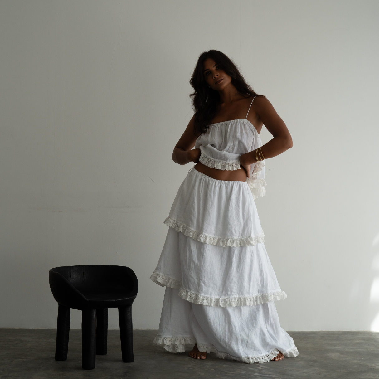 WILLOW SKIRT - WHITE Linen Lace Trim