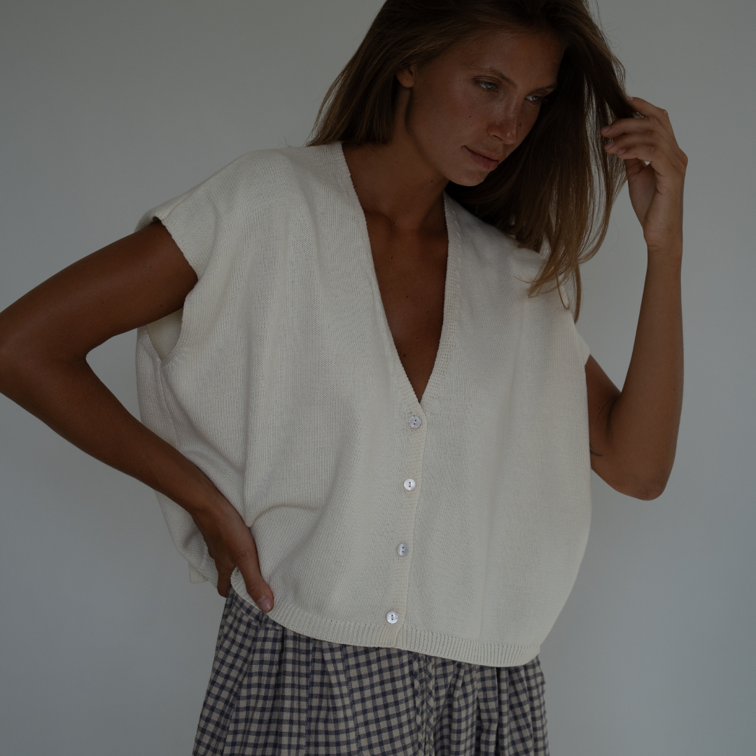 CELINE - Cream Buttoned Knit Top