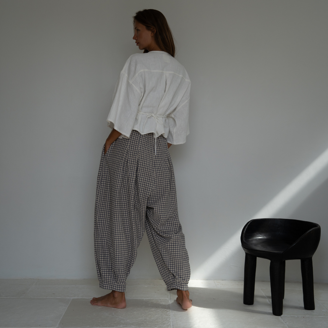 PRE-ORDER MARLO PLEAT - WISTERIA GINGHAM Linen Pant