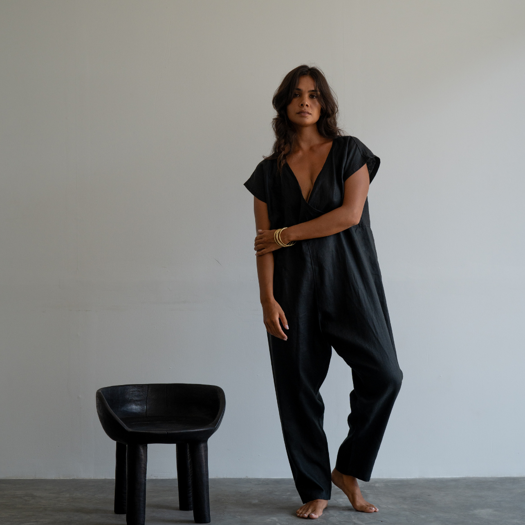 AD Short Sleeve - Black Linen Jumpsuit