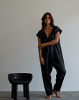 AD Short Sleeve - Black Linen Jumpsuit