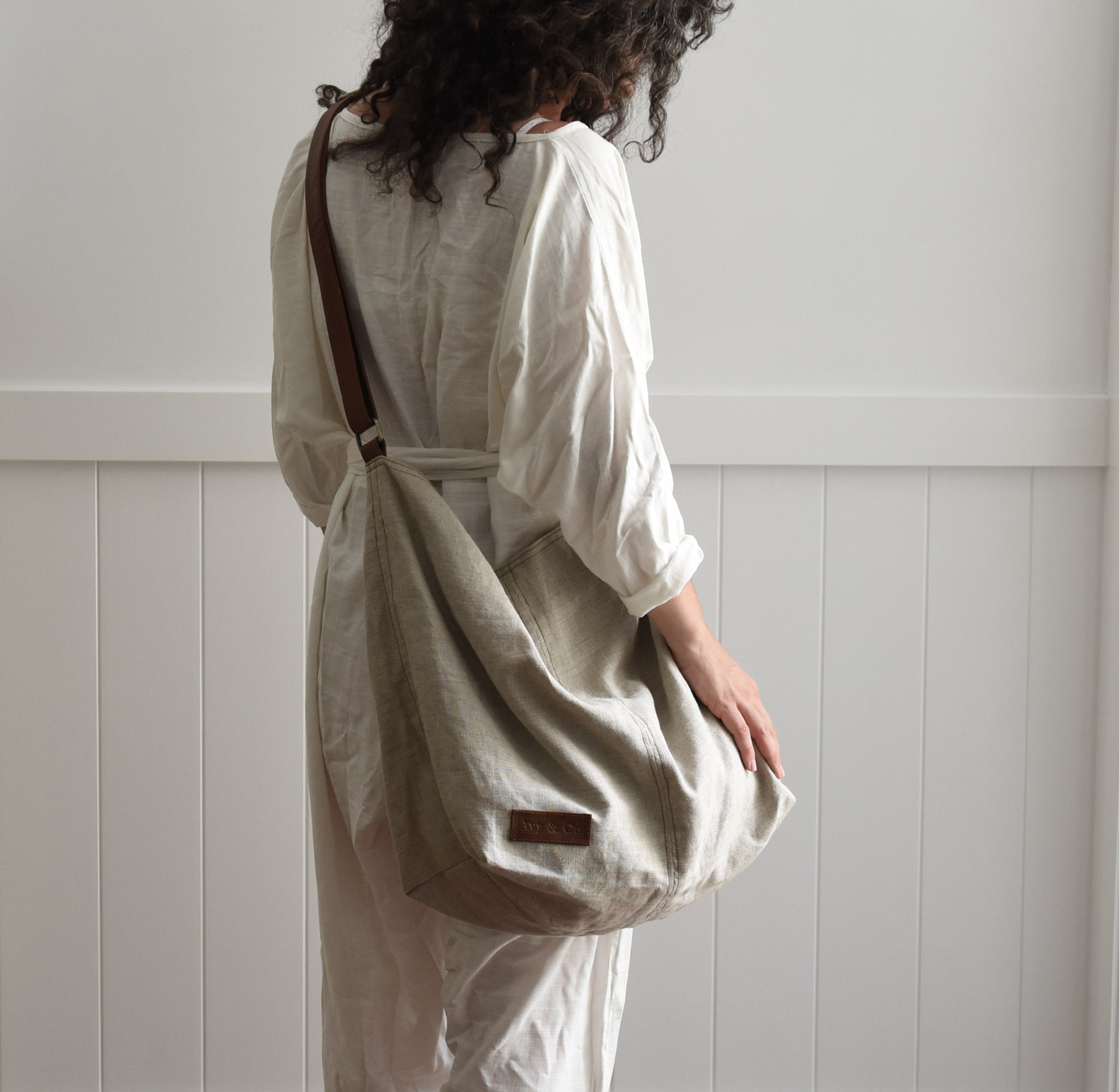 Linen & Leather Oversized Slouch Bag